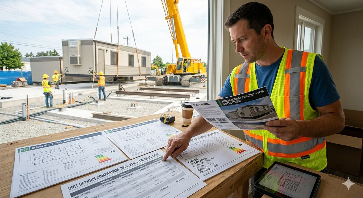 A buyer comparing different modular building spec sheets