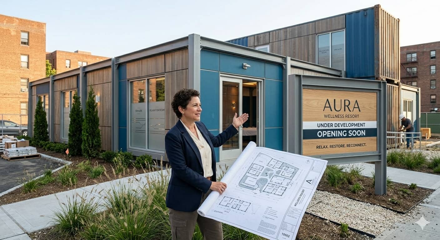 A business owner standing with blueprints in front of a developing container wellness resort