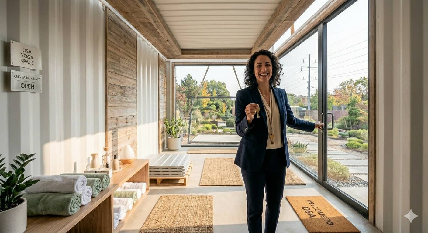 Business owner unlocking the door to a new prefab commercial space