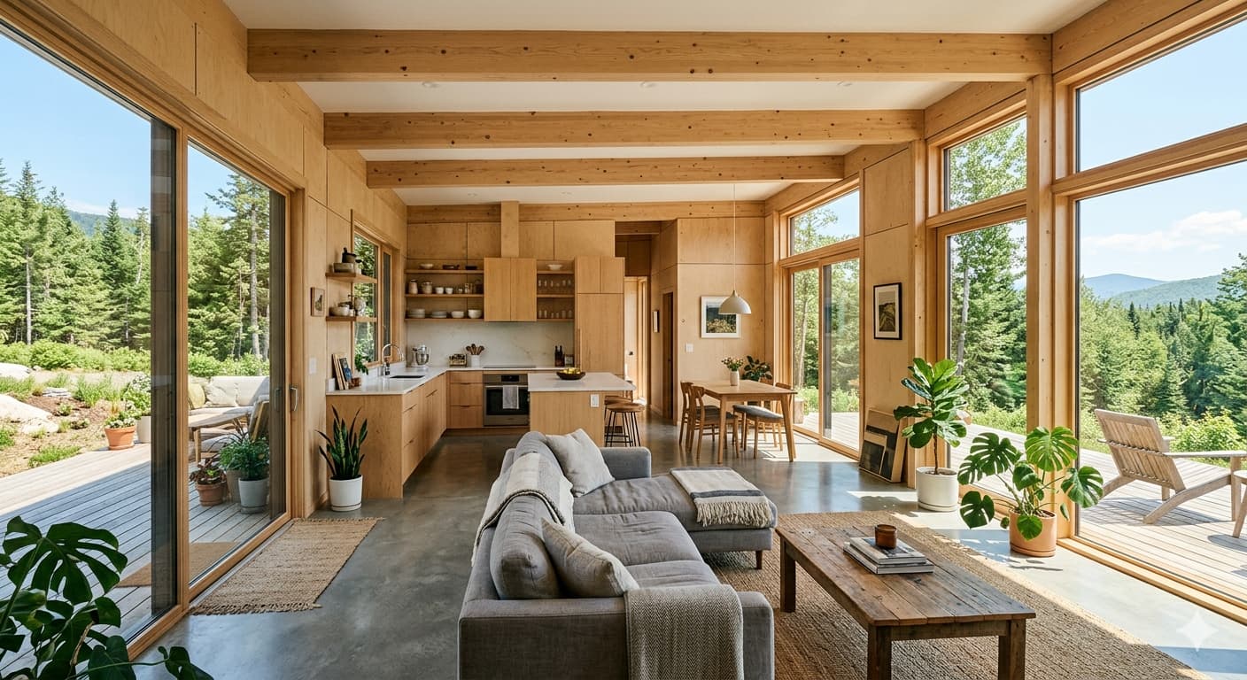 An open-plan expandable modular home interior with lots of natural light