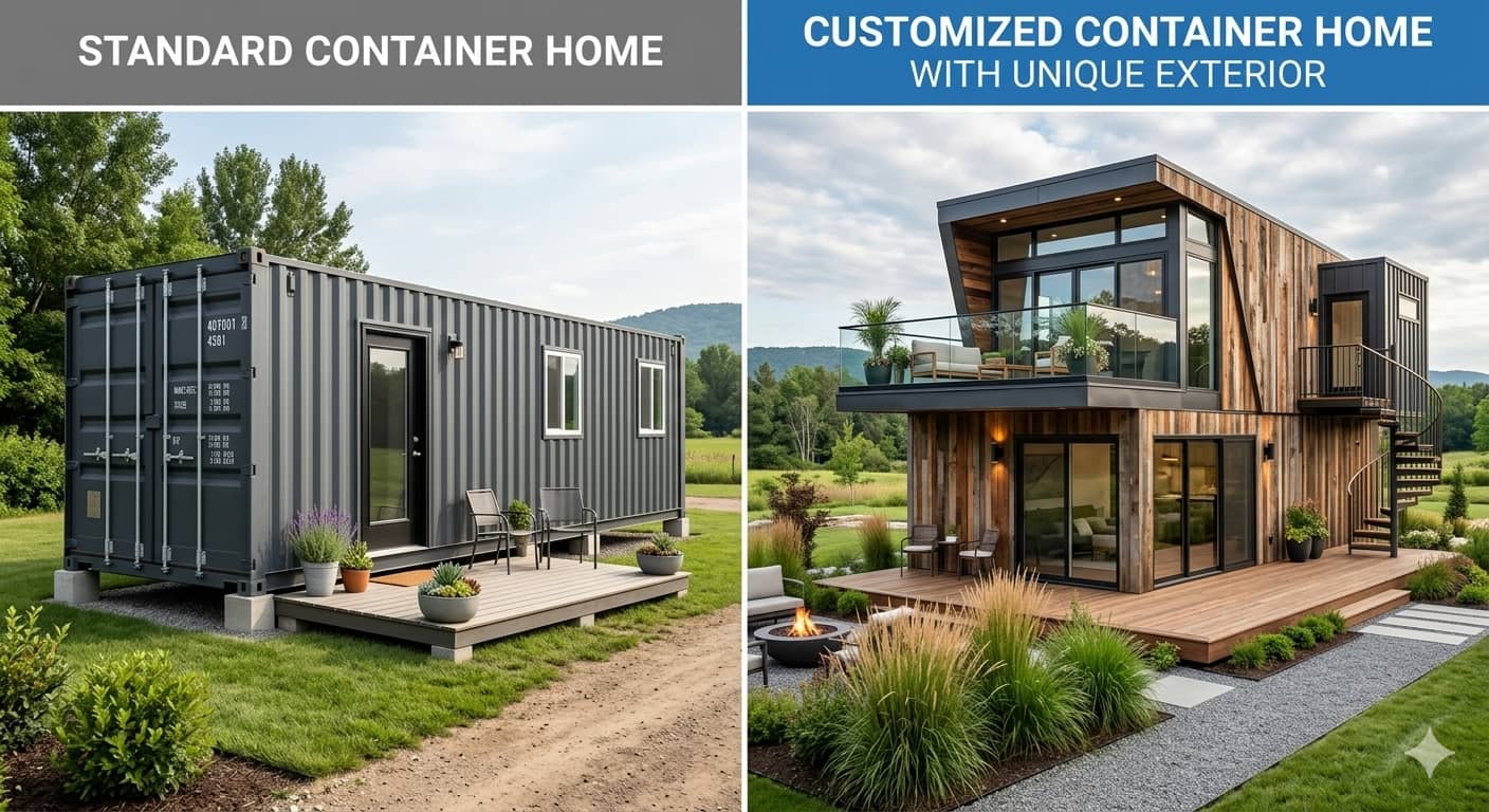 A standard container home versus a customized one with a unique exterior