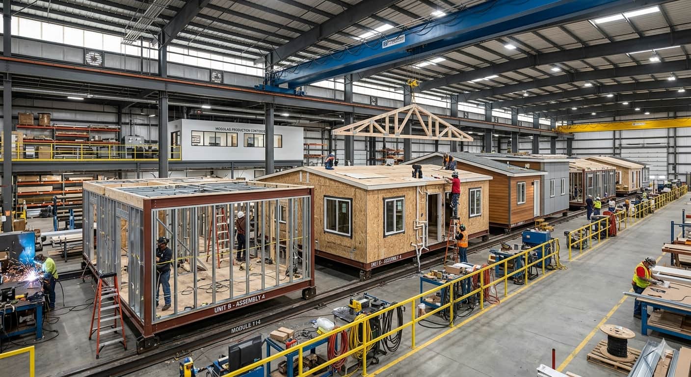 A modular housing factory with units in production